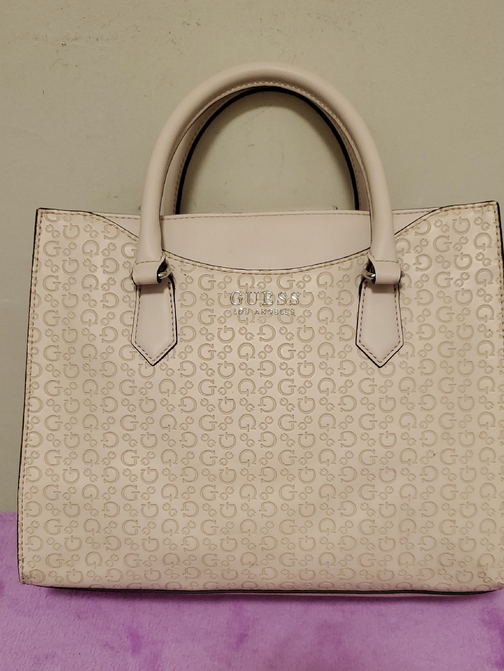 GUESS Cream Logo-Print Satchel with Top Handles